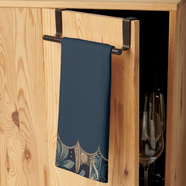 Mörk blått Pisley-mönstrad accent Kökshandduk (Thirds Fold)