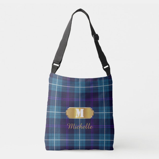 Mörk blått Play Tartan Snyggt Golden Monogrammed Axelväska (Framsida)