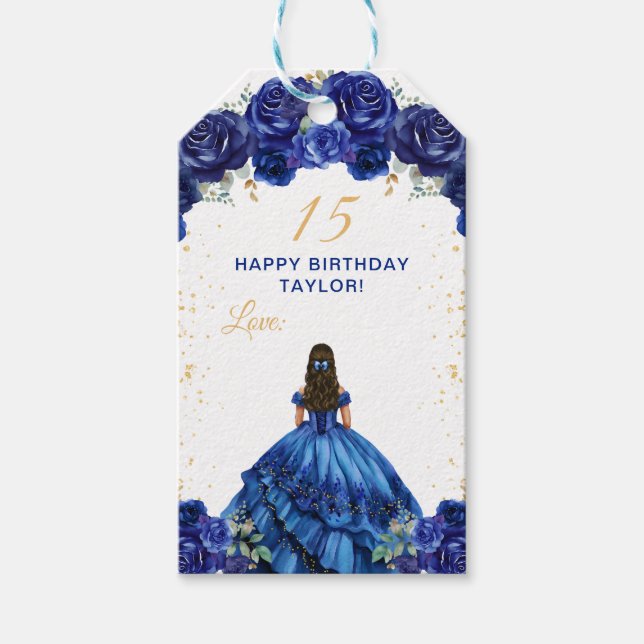 Mörk blått prinsessan Quinceañera Grattis på födel Presentetikett (Framsidan)