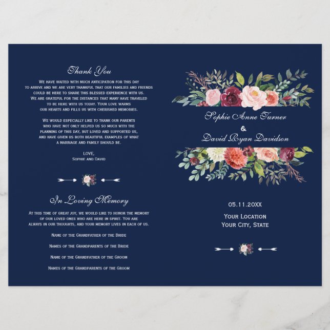 Mörk blått programmet Charm Burgundy Blommigt Ram (Framsida)