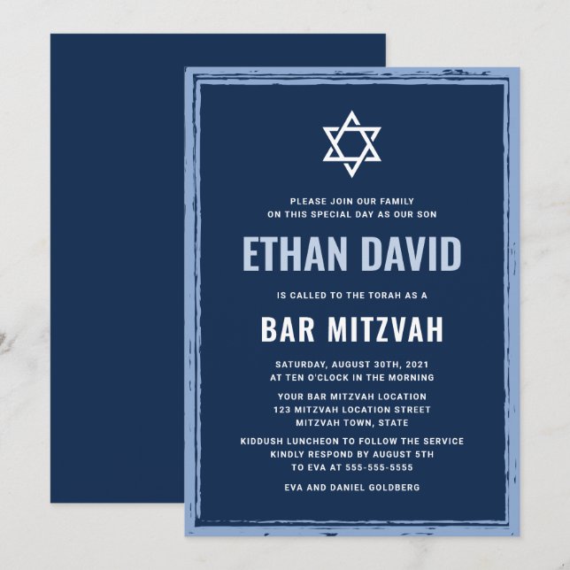 Mörk blått pub mitzvah-inbjudan med rått gräns inbjudningar (Fram/baksida)