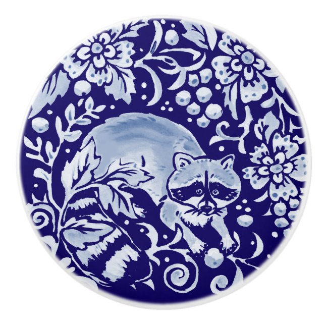 Mörk blått Raccoon Woodland Animal Blommigt Cobalt Knopp (Framsidan)