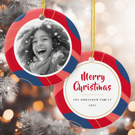 Mörk blått retro-julfoto för röd rosa julgransprydnad keramik