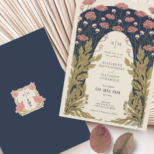 Mörk blått Rosa Bröllop Vintage Art nouveau Blommi Inbjudningar