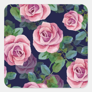 Mörk blått, Rosa ros vattenfärg. Fyrkantigt Klistermärke
