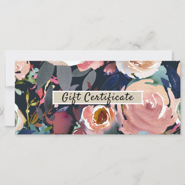 Mörk blått Rosa Watercolor Blommigt Gift-certifika (Framsida)