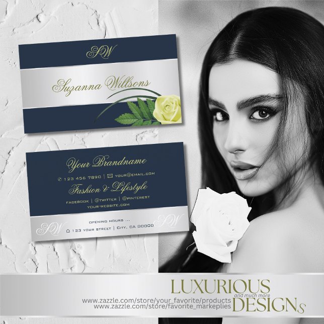 Mörk blått Silver Decor Ro blomma med Initialer Visitkort (Skapare uppladdad)