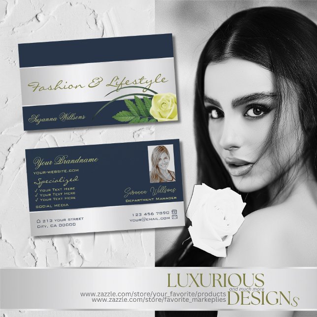 Mörk blått Silver-dekorfärgad Ro-blomma med foto Visitkort (Skapare uppladdad)