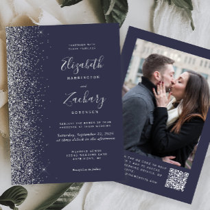 Mörk blått Silver Glitter-fotot QR-koden Bröllop Inbjudningar