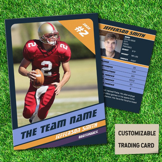 Mörk blått spelkort för fotbollslag Trafikkort (American Football Player Trading Card in Dark Blue with Custom Team Name with Yellow Stripe
)