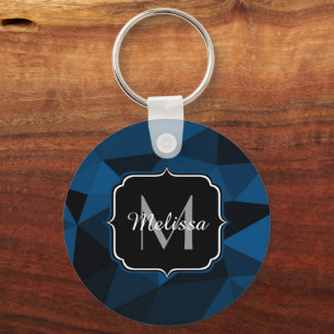 Mörk blått svart, geometriskt nät mönster Monogram Nyckelring