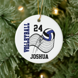 Mörk blått, svart och vit volleyboll julgransprydnad keramik