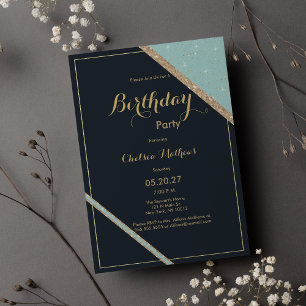 Mörk blått teal guld glitter--geometrisk födelseda inbjudningar