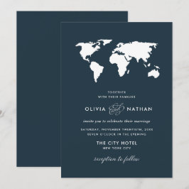 Mörk blått världskarta | Elegant Travel Tema Bröll Inbjudningar