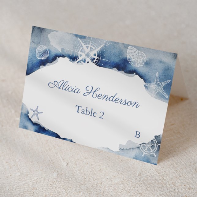 Mörk blått vattenfärgat havets babyskor Placerings Bordsnummer (Nautical inspired individual place cards for wedding, christening etc featuring dark blue watercolor)