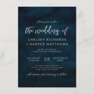 Mörk blått vattenfärgen Silver Bröllop Inbjudningar