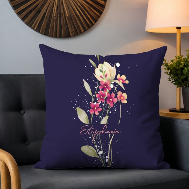 Mörk blått vattenfärgsblommor med enkel Elegant Kudde (Skapare uppladdad)