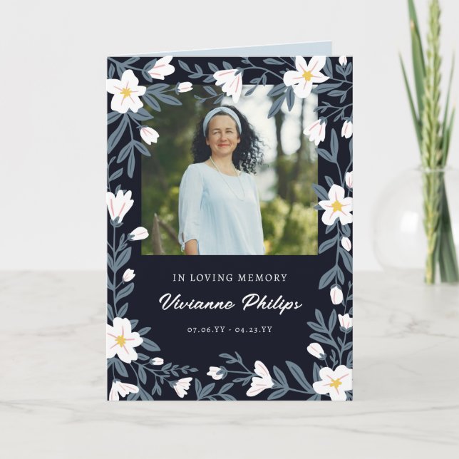Mörk blått & vit Blommigt - fotoprogram Inbjudan (Framsida)