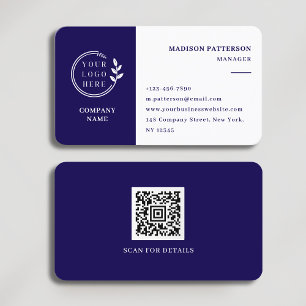 Mörk blått vit Logotyp QR-kod - minimalistisk mode Visitkort