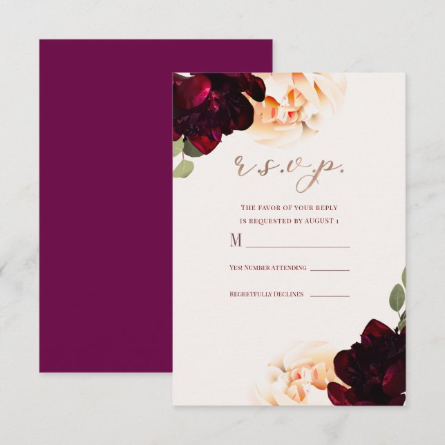 Mörk Blommig Marsala Crème Rosa Guld Svar R.S.V.P. Inbjudningar (Fram/baksida)
