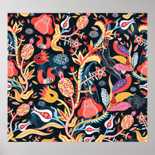 Mörk Blommigt Birds: Ornamental Mönster. Poster