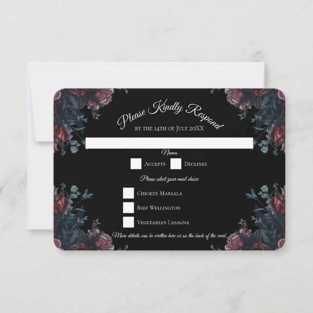 Mörk Blommigt Bröllop Gothic Black Elegant Inbjudningar (Framsida)