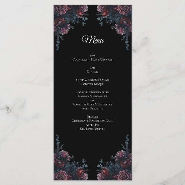 Mörk Blommigt Bröllop Gothic Black Elegant Meny (Framsida)
