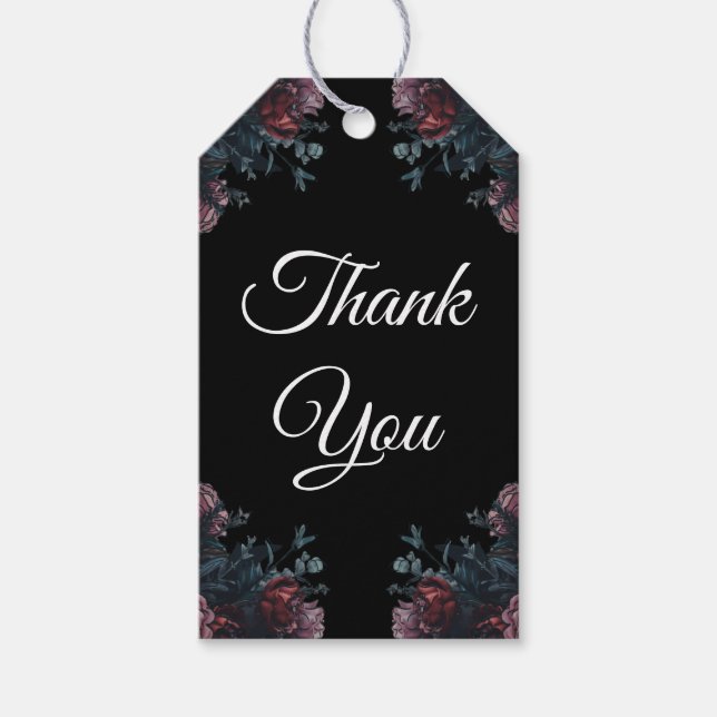 Mörk Blommigt Bröllop Gothic Black Elegant Presentetikett (Framsidan)