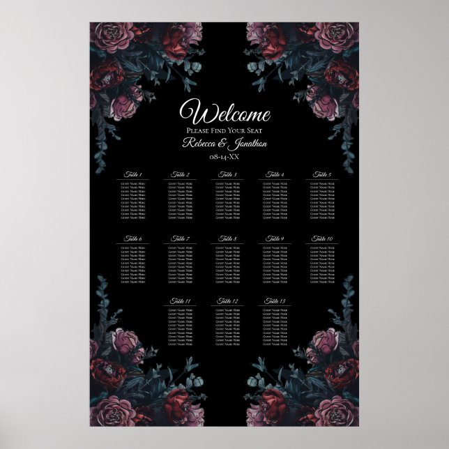 Mörk Blommigt Bröllop Gothic Black Sequing Chart Poster (Framsidan)
