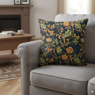 Mörk Blommigt Dekorativ kudde Navy Guld Botanical