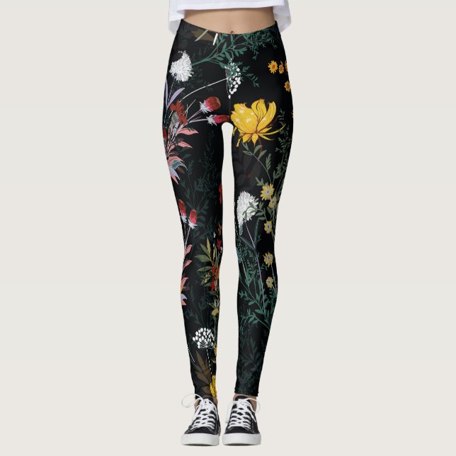 Mörk Blommigt Garden: Blodning Nattens Mönster Leggings (Framsida)
