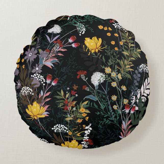 Mörk Blommigt Garden: Blodning Nattens Mönster Rund Kudde (Framsidan)