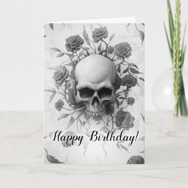 Mörk Blommigt Gothic Ro Skull Birthday Kort (Framsida)