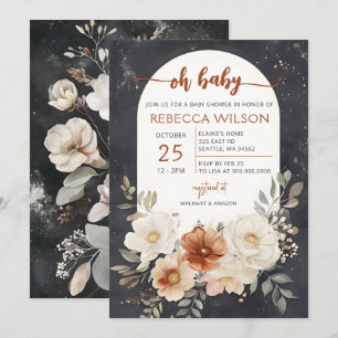 Mörk Blommigt Greenery Botanical Boho Baby Shower Inbjudningar