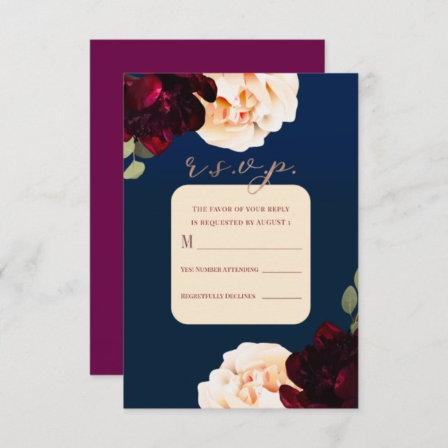 Mörk Blommigt Marsala Cream & Navy Reply R.S.V.P.  Inbjudningar (Fram/baksida)