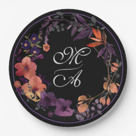 Mörk Blommigt Monogram Goth Bröllop Papper Plate
