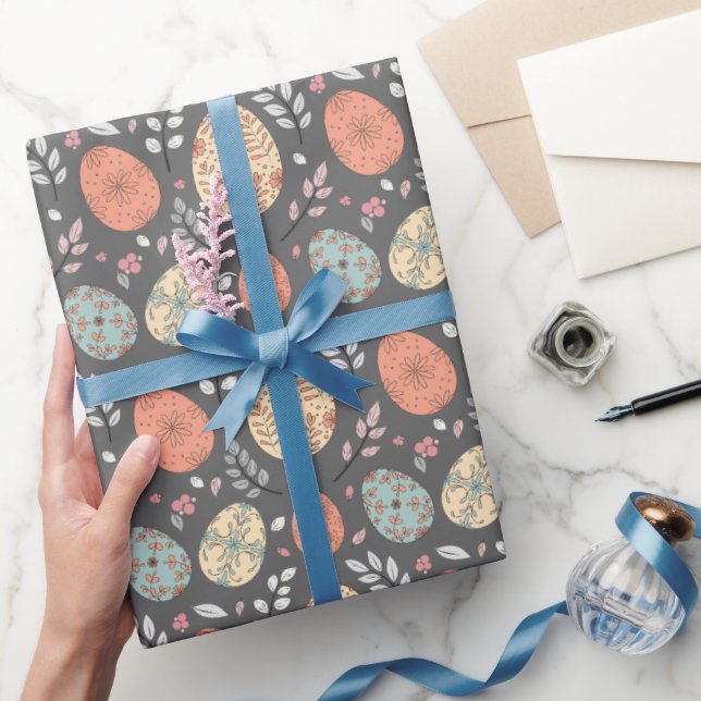 Mörk Blommigt Påsk Wrapping Papper - Pastellägg Presentpapper (Gifting)