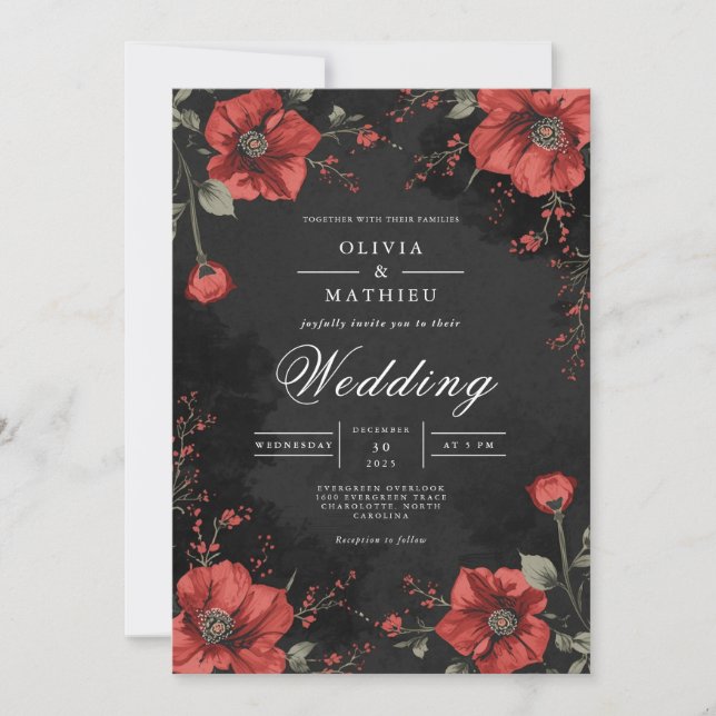 Mörk Blommigt Romantik Bröllop Inbjudningar (Framsida)