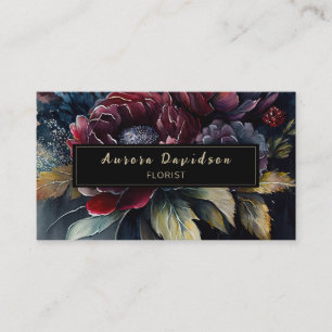 Mörk Blommigt Vattenfärg Burgundy Black Visitkort