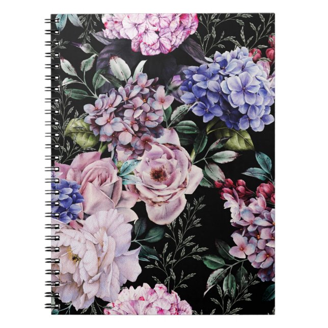 Mörk Blommigt Vattenfärg Sömlös design Anteckningsbok (Framsidan)