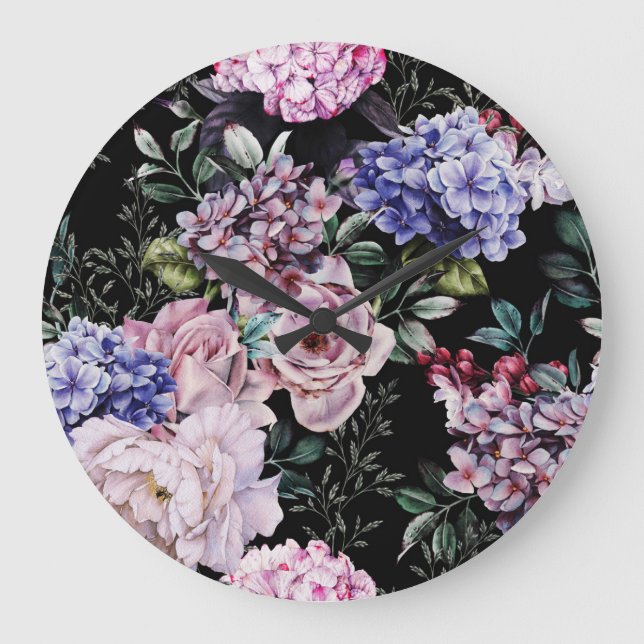 Mörk Blommigt Vattenfärg Sömlös design Stor Klocka (Framsida)