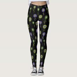 Mörk Blommönster - Grönt Lila rundblommor Leggings