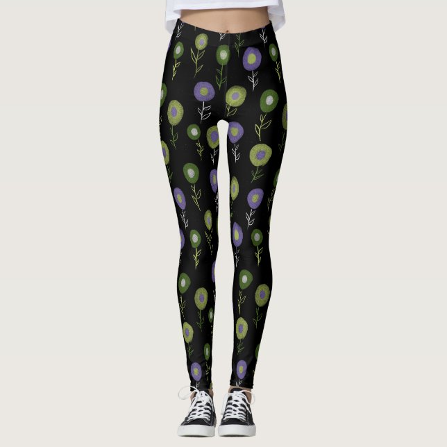 Mörk Blommönster - Grönt Lila rundblommor Leggings (Framsida)