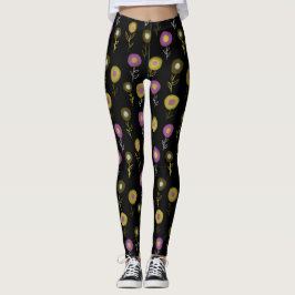 Mörk Blommönster - Gult Rosa Round Flowers Leggings
