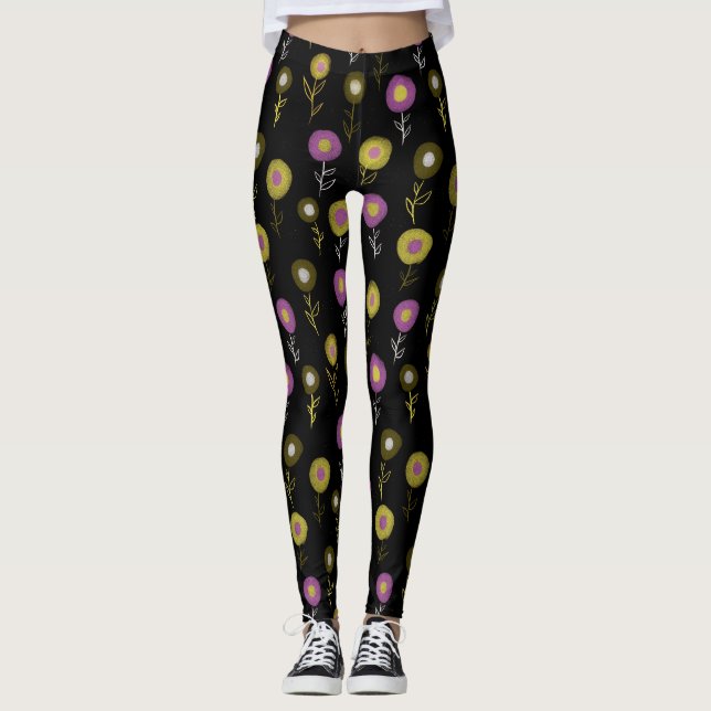 Mörk Blommönster - Gult Rosa Round Flowers Leggings (Framsida)