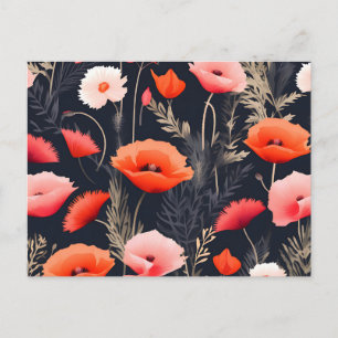 Mörk Blommönster med poppies Vykort