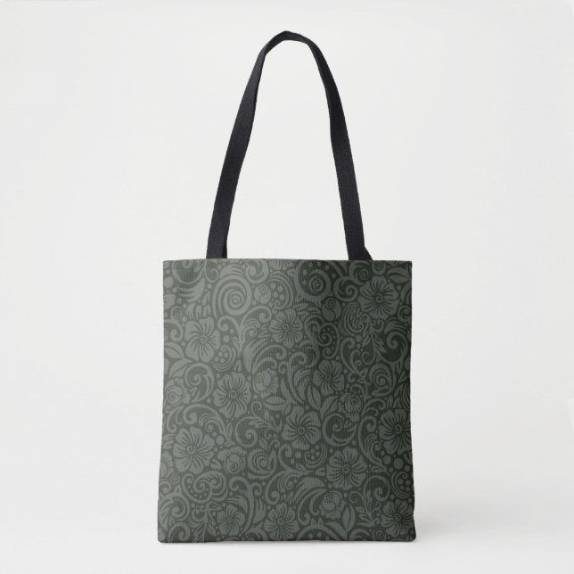 Mörk Blommönster Olive Grått Tote Tygkasse (Framsida)