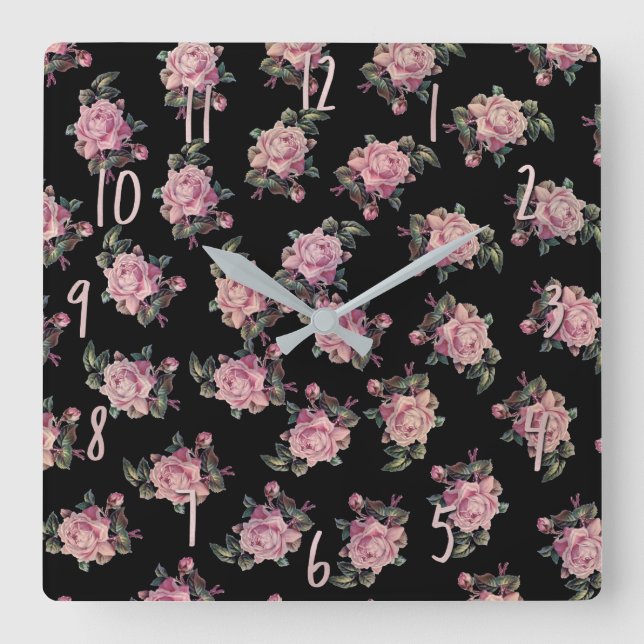 Mörk blommönstershabby chic för rosa ros fyrkantig klocka (Framsida)