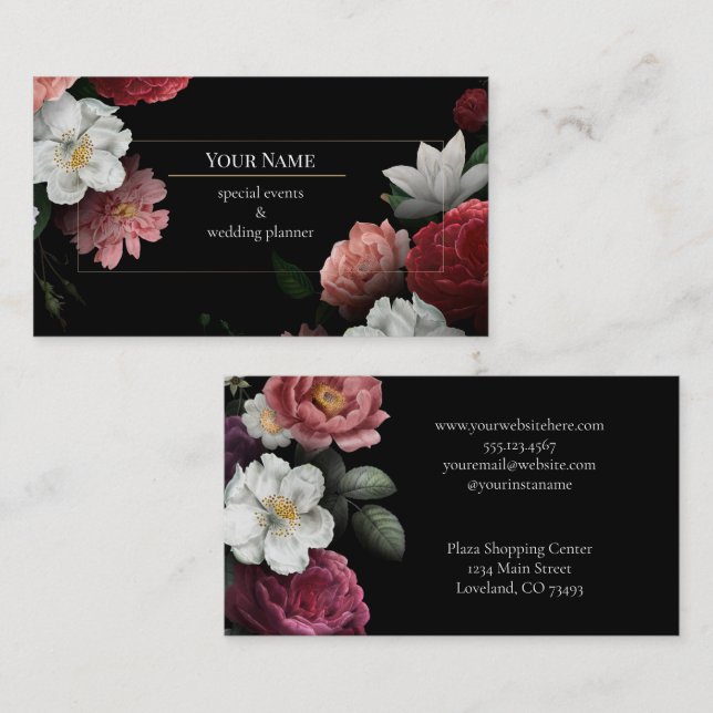 Mörk blomster bröllopshändelse planerare visitkort (Fram/baksida)