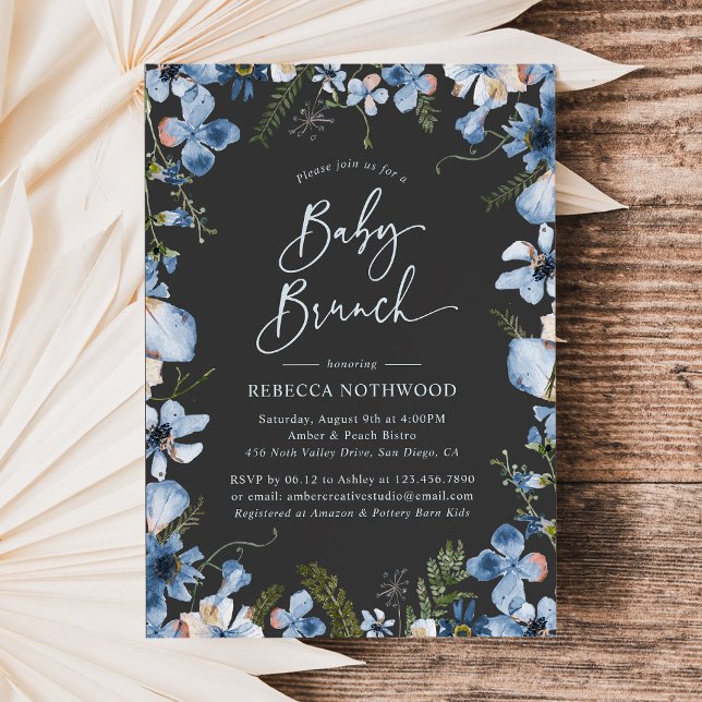 Mörk Boho Dusty Blue Blommigt Baby Shower Brunch Inbjudningar (Skapare uppladdad)